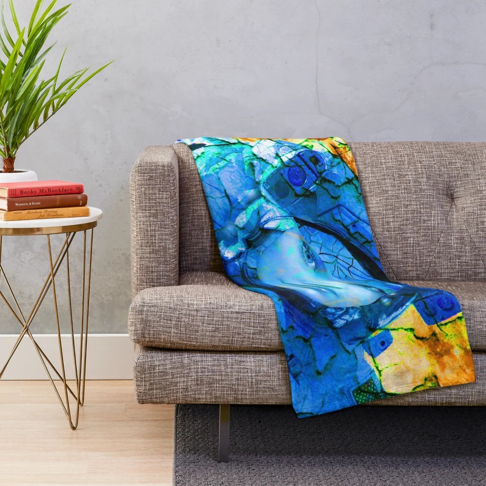 Astronaut plush blanket with abstract, disintegration design