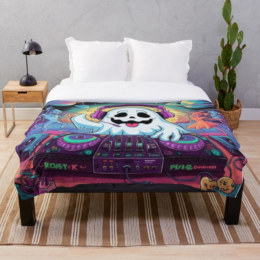 Cosmic DJ Ghost Party Plush Blanket with starry night and neon ghost design