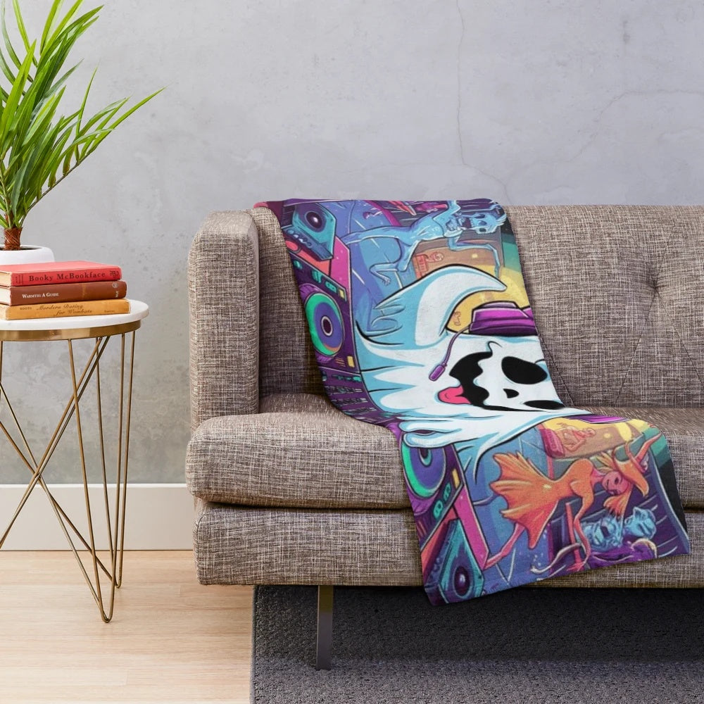 Cosmic DJ Ghost Party Plush Blanket with starry night and neon ghost design