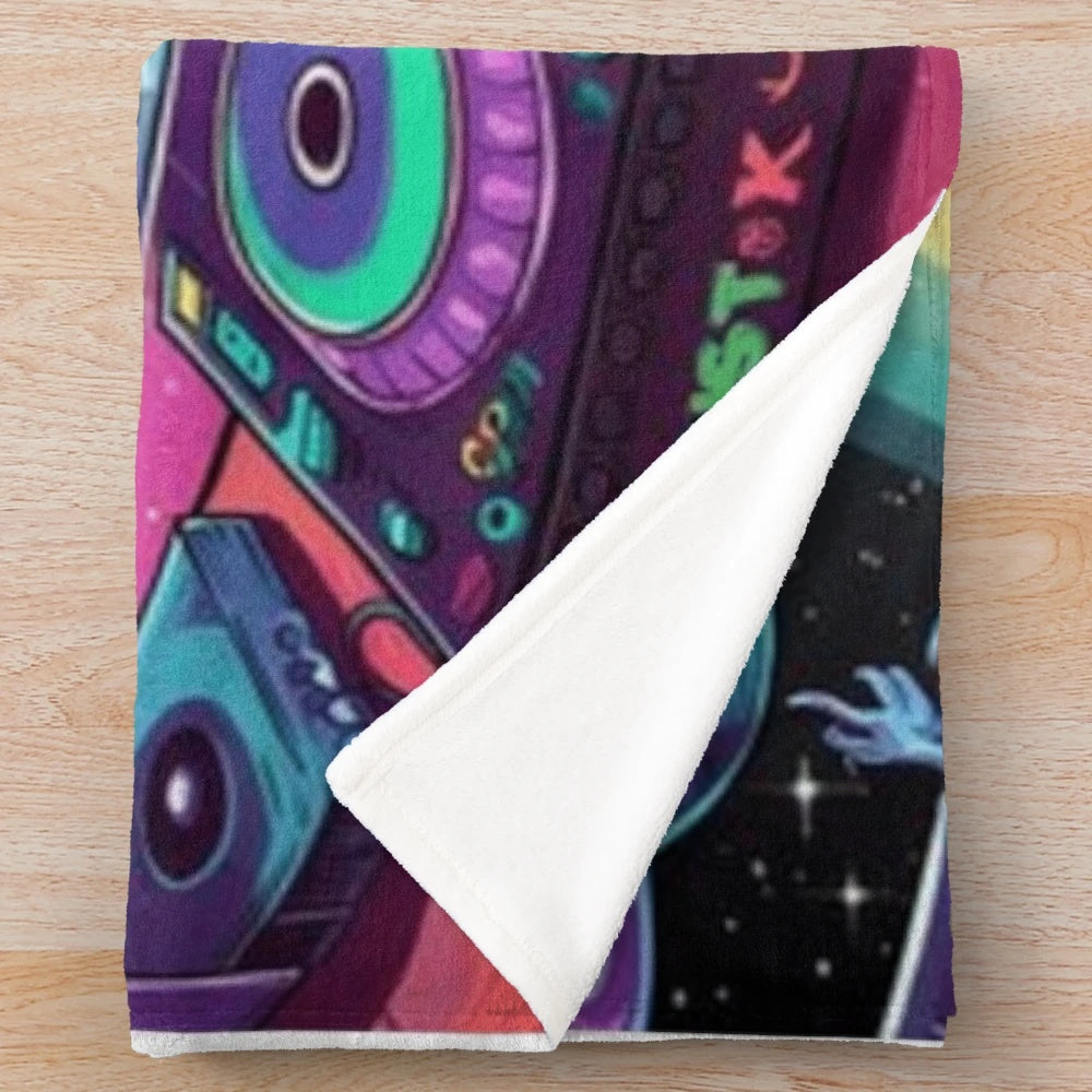 Cosmic DJ Ghost Party Plush Blanket with starry night and neon ghost design