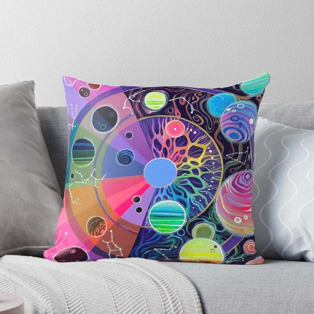 Colorful and abstract space-themed Pillow with planets, stars, and galaxy designs