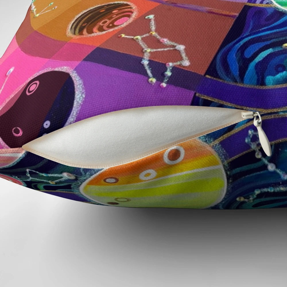 Colorful and abstract space-themed Pillow with planets, stars, and galaxy designs