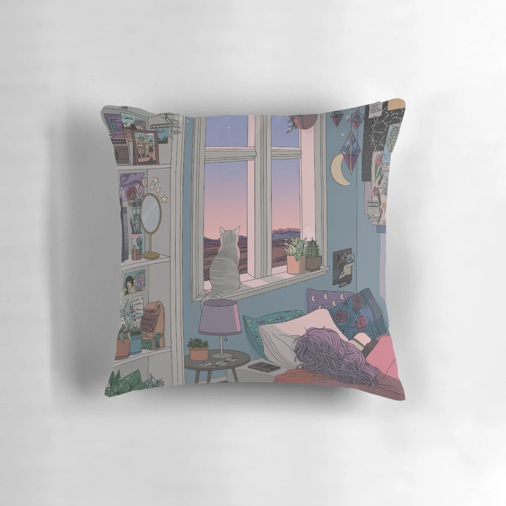A cozy space-themed pillow featuring a dreamy, aesthetic cartoon design with stars, planets, and cosmic elements.