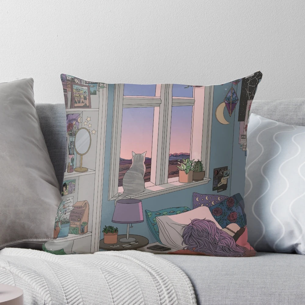 A cozy space-themed pillow featuring a dreamy, aesthetic cartoon design with stars, planets, and cosmic elements.
