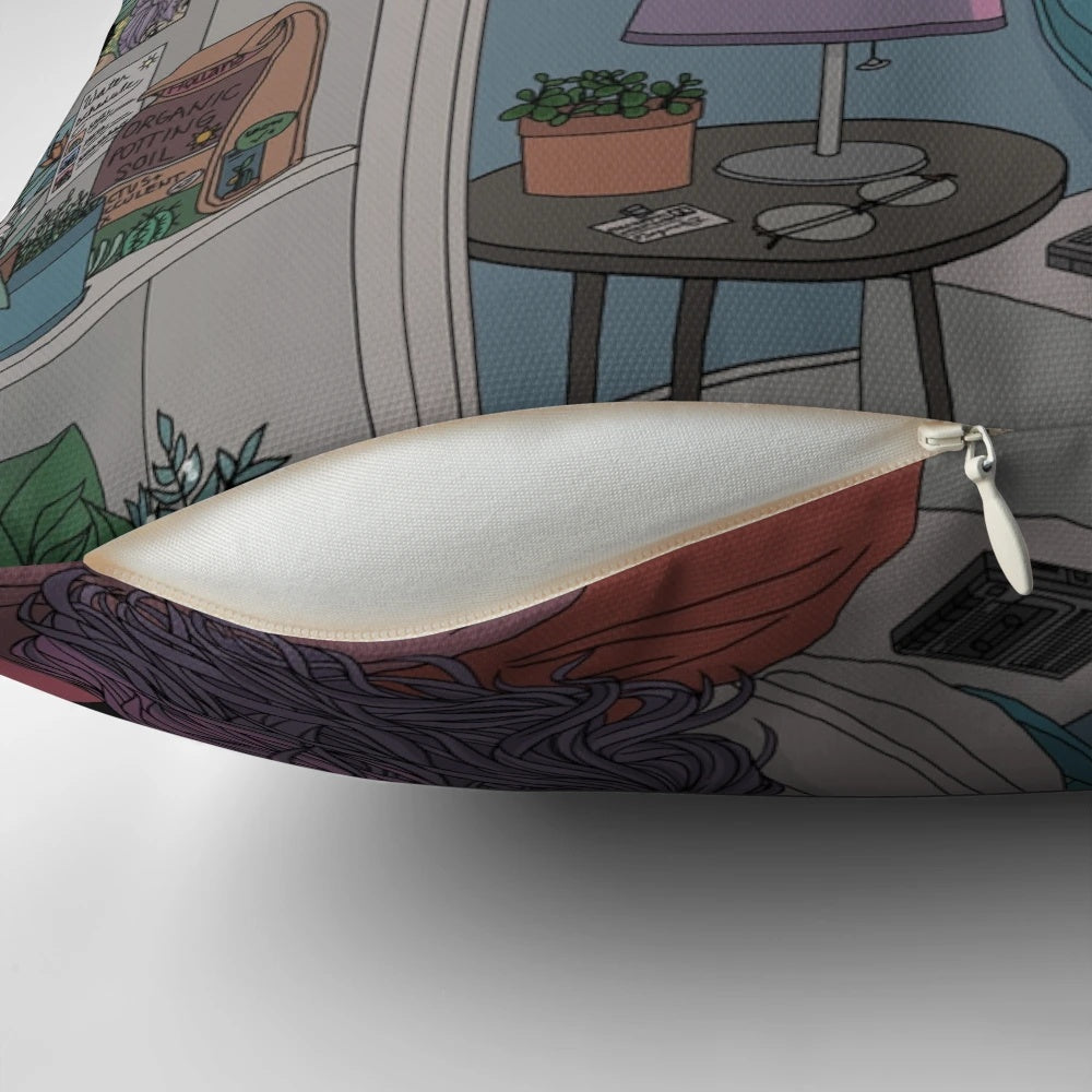 A cozy space-themed pillow featuring a dreamy, aesthetic cartoon design with stars, planets, and cosmic elements.