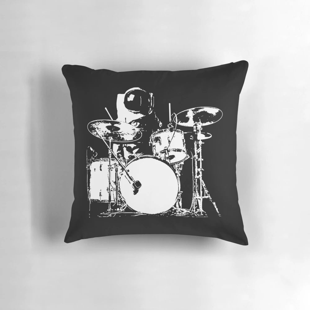 Vibrant space-themed pillow with a drummer design, perfect for music enthusiasts.