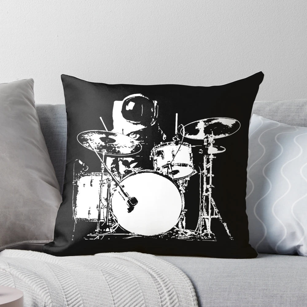 Vibrant space-themed pillow with a drummer design, perfect for music enthusiasts.