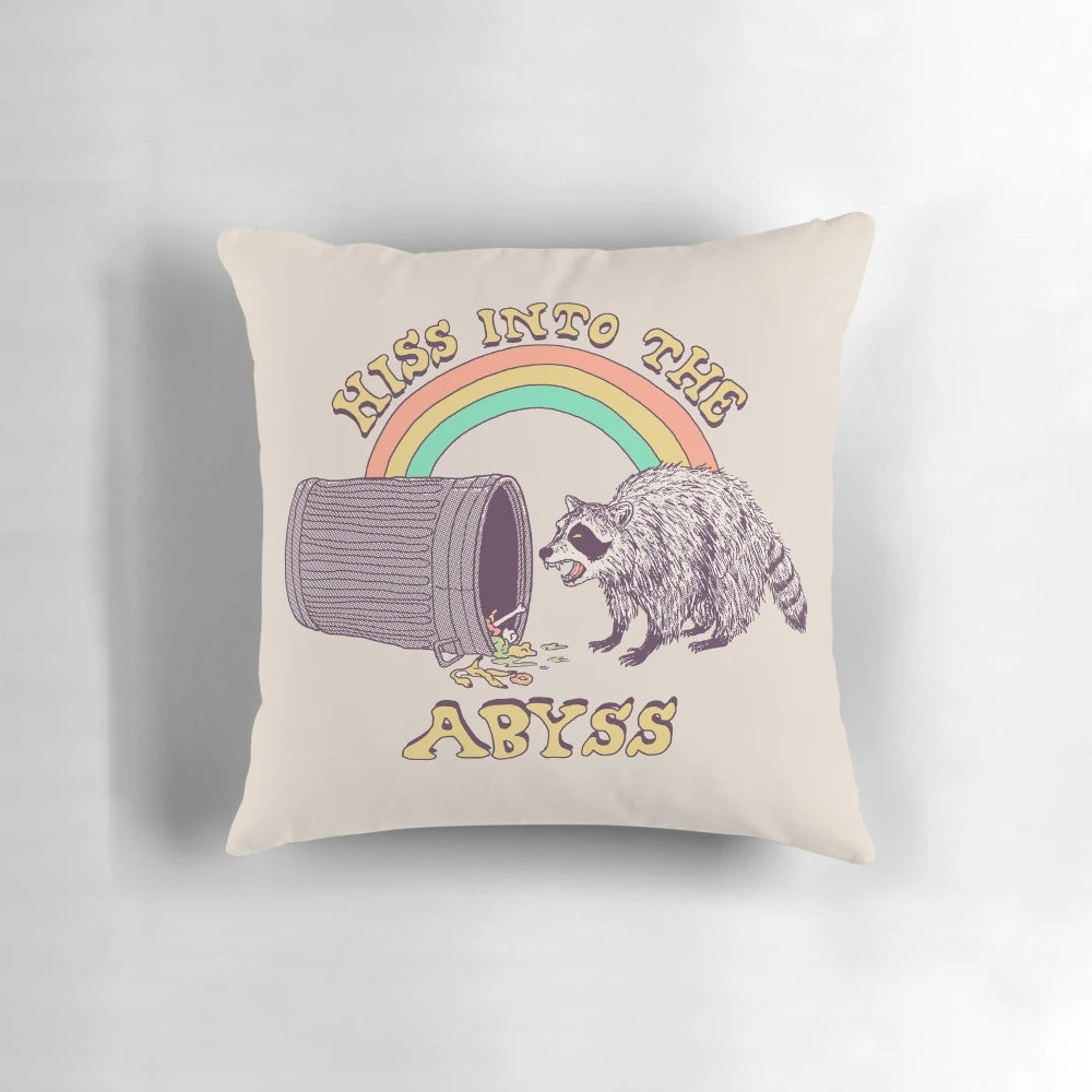 A vibrant and surreal pillow depicting a raccoon/trash panda creature screaming into the cosmic void, with a retro 80s style.