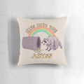 A vibrant and surreal pillow depicting a raccoon/trash panda creature screaming into the cosmic void, with a retro 80s style.