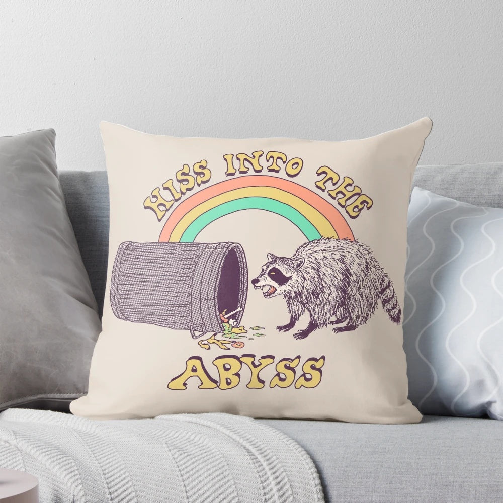 A vibrant and surreal pillow depicting a raccoon/trash panda creature screaming into the cosmic void, with a retro 80s style.