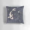 Decorative pillow featuring a whimsical, mystical design with pisces fish, koi, and celestial elements
