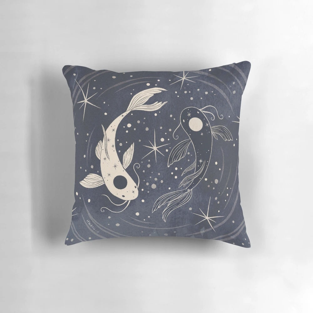 Decorative pillow featuring a whimsical, mystical design with pisces fish, koi, and celestial elements