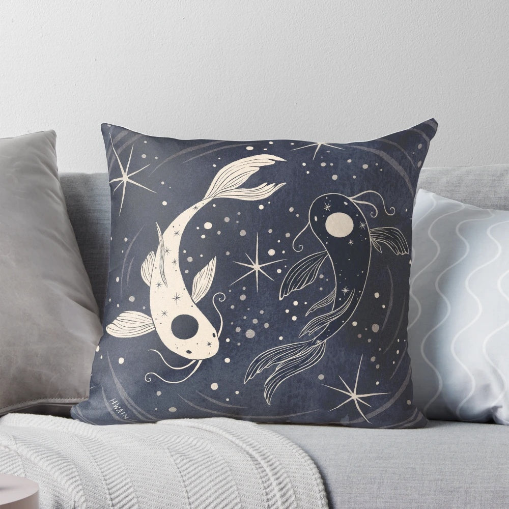 Decorative pillow featuring a whimsical, mystical design with pisces fish, koi, and celestial elements