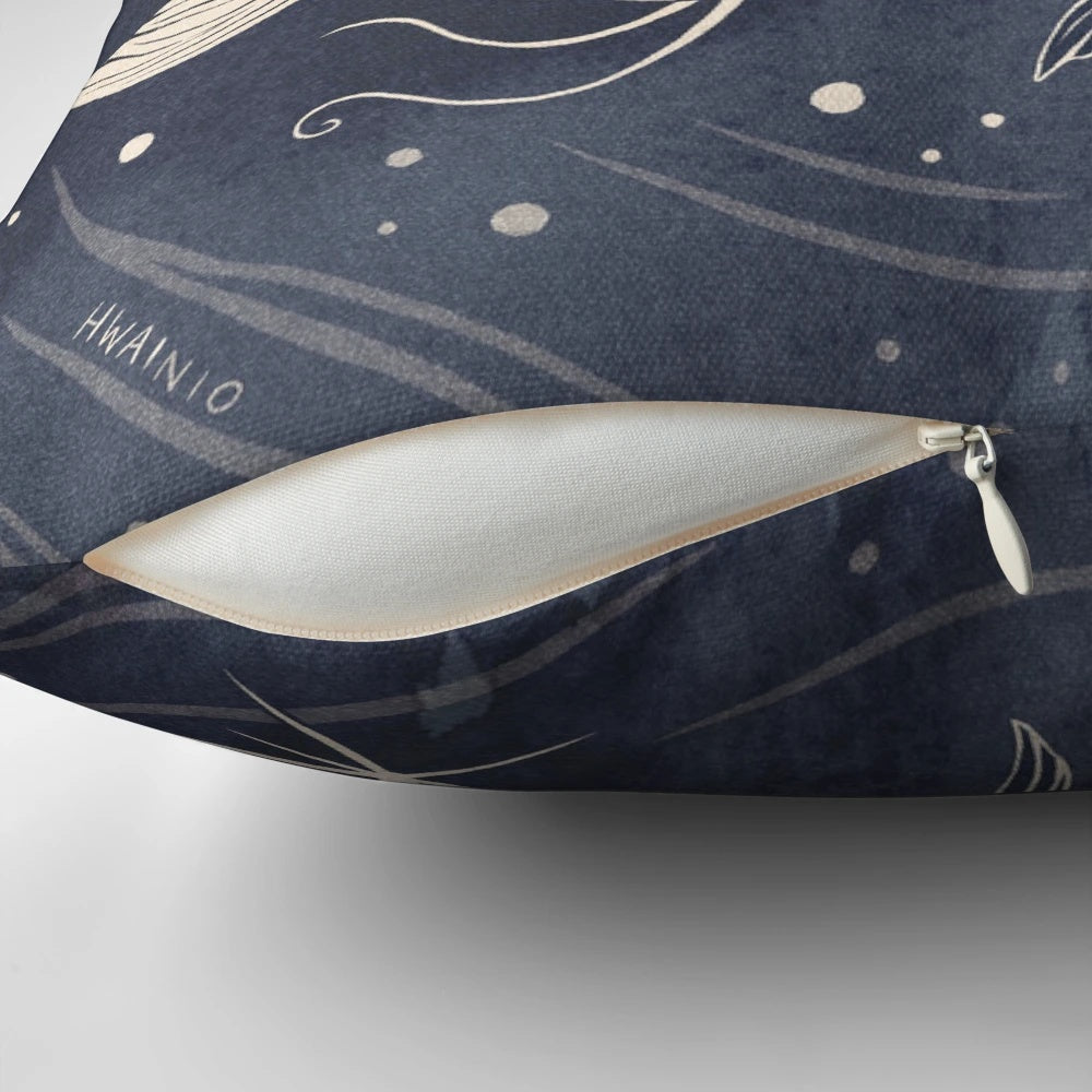 Decorative pillow featuring a whimsical, mystical design with pisces fish, koi, and celestial elements
