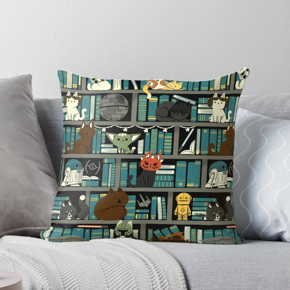 Colorful illustration of a cat in a library setting, surrounded by books and sci-fi elements