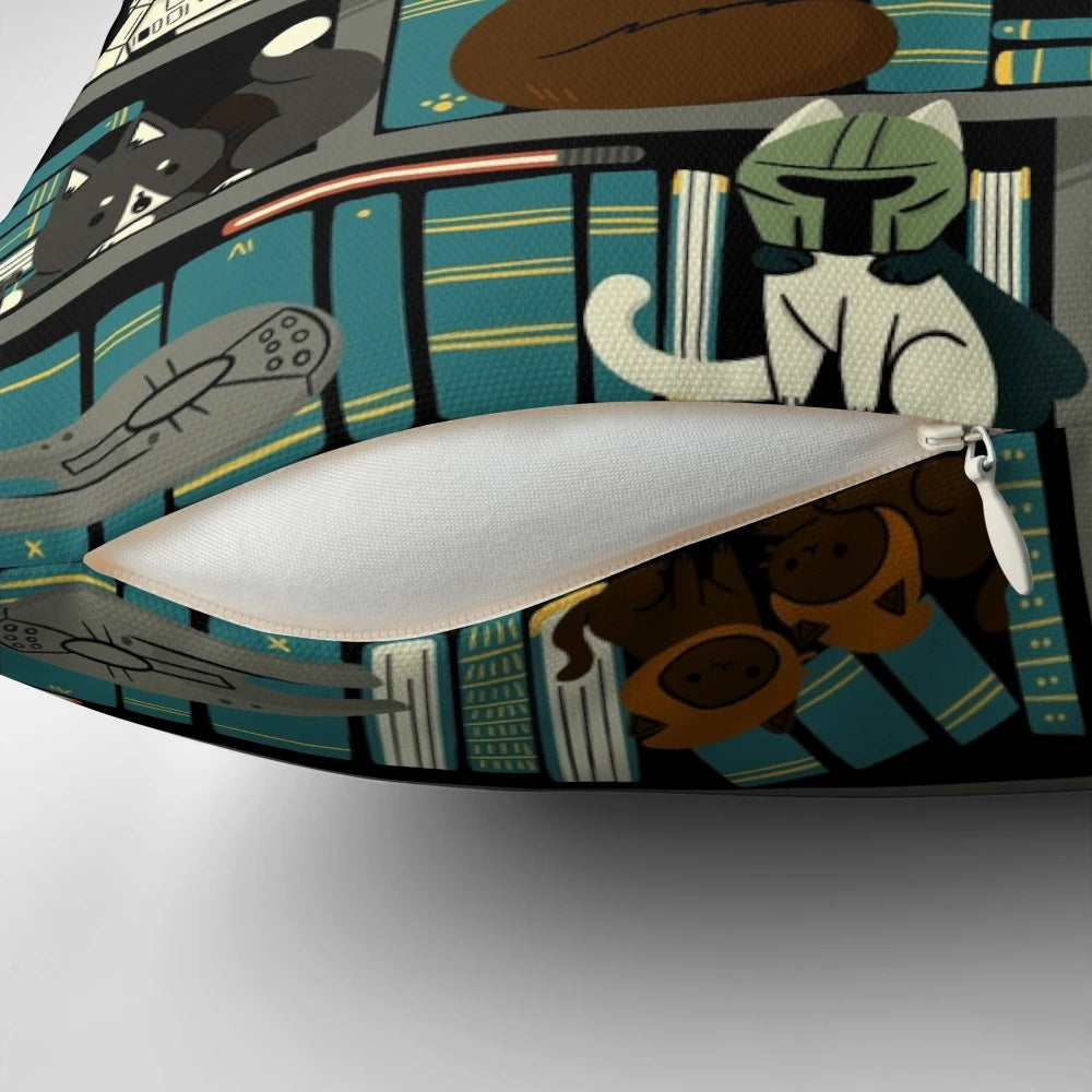 Colorful illustration of a cat in a library setting, surrounded by books and sci-fi elements