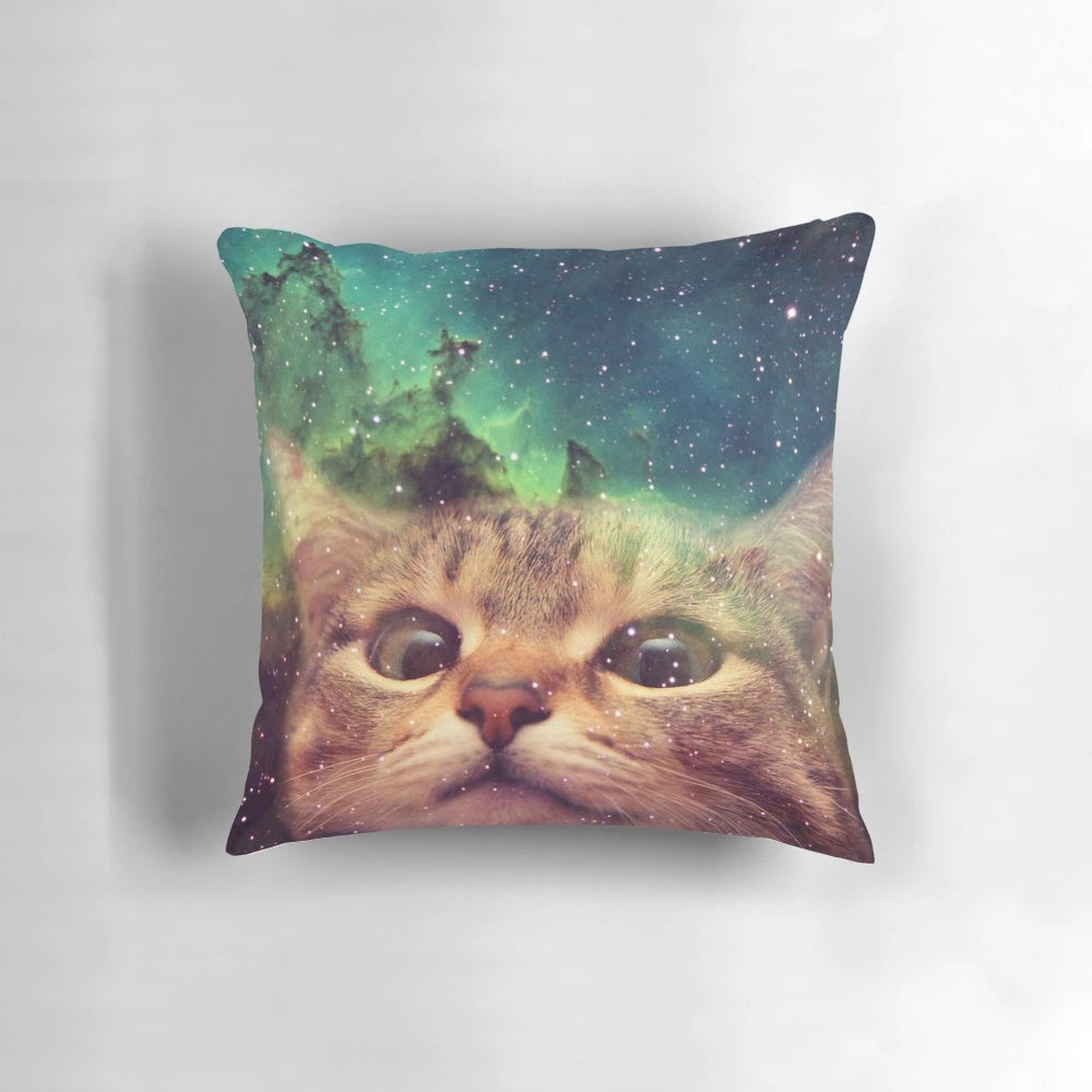A colorful and whimsical pillow featuring a cat DJ in a space-themed galaxy design.