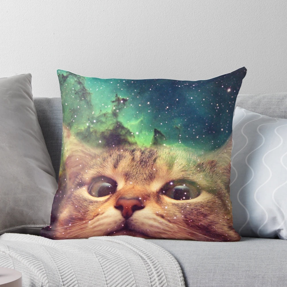 A colorful and whimsical pillow featuring a cat DJ in a space-themed galaxy design.