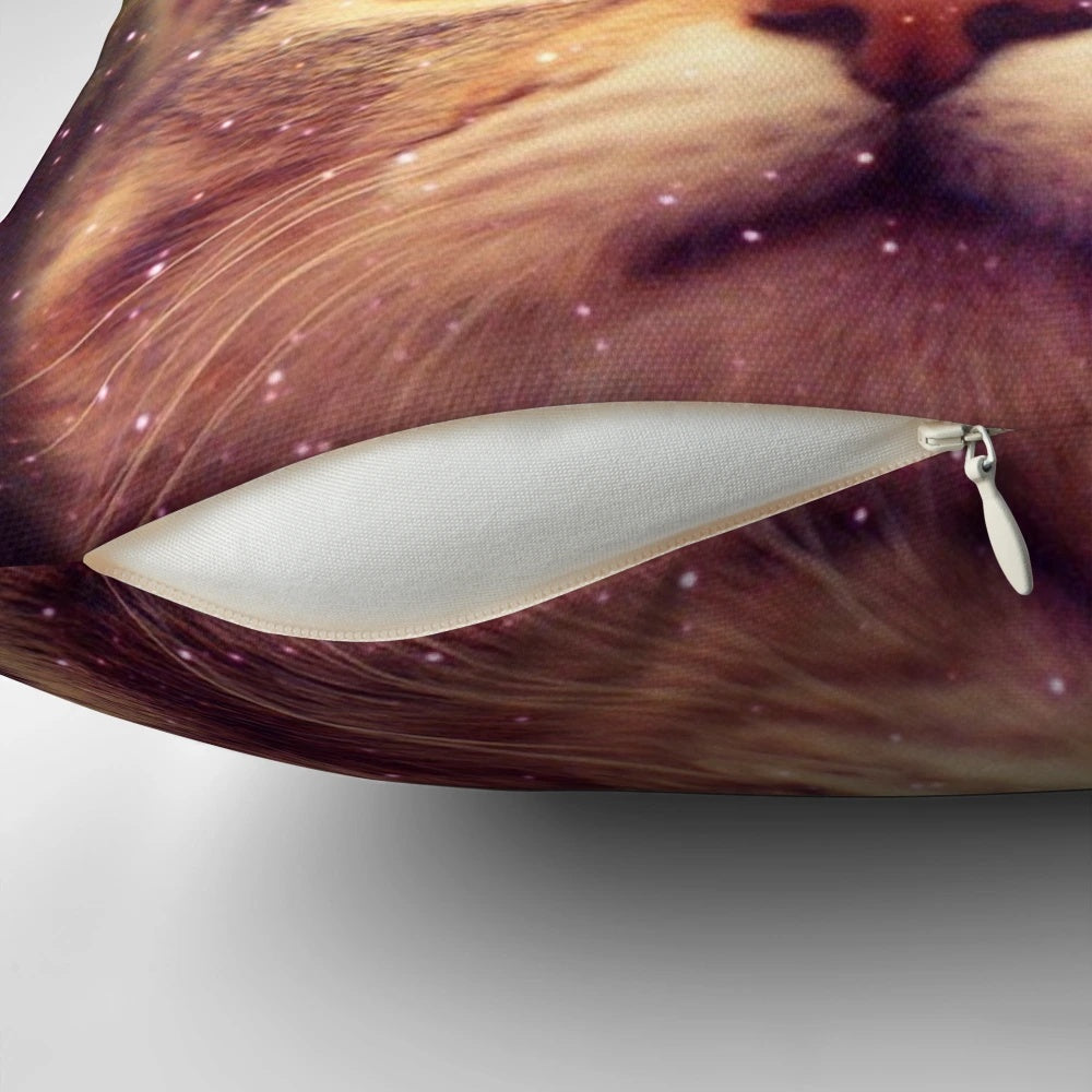 A colorful and whimsical pillow featuring a cat DJ in a space-themed galaxy design.