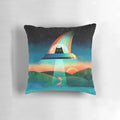 Colorful and whimsical pillow featuring a cosmic cat design with stars, rainbows, and galaxies.