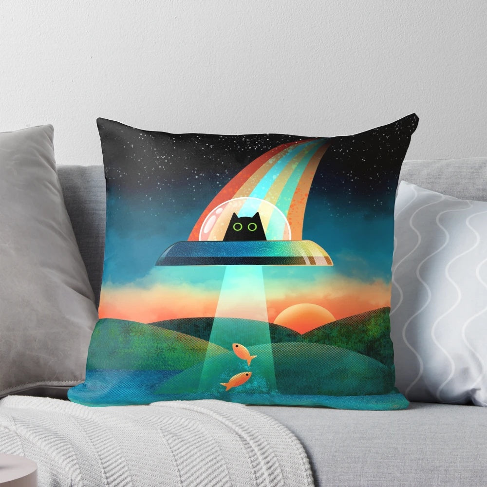Colorful and whimsical pillow featuring a cosmic cat design with stars, rainbows, and galaxies.