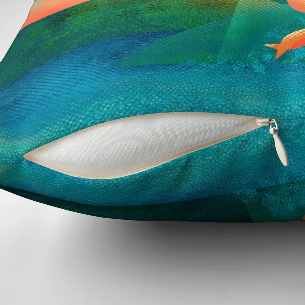 Colorful and whimsical pillow featuring a cosmic cat design with stars, rainbows, and galaxies.