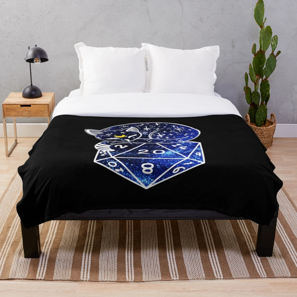 Cozy plush blanket with a starry d20 cat design, perfect for dnd and rpg fans