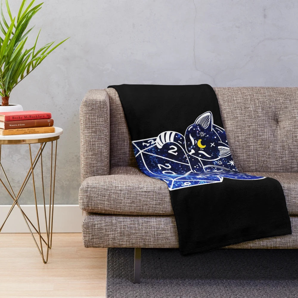 Cozy plush blanket with a starry d20 cat design, perfect for dnd and rpg fans