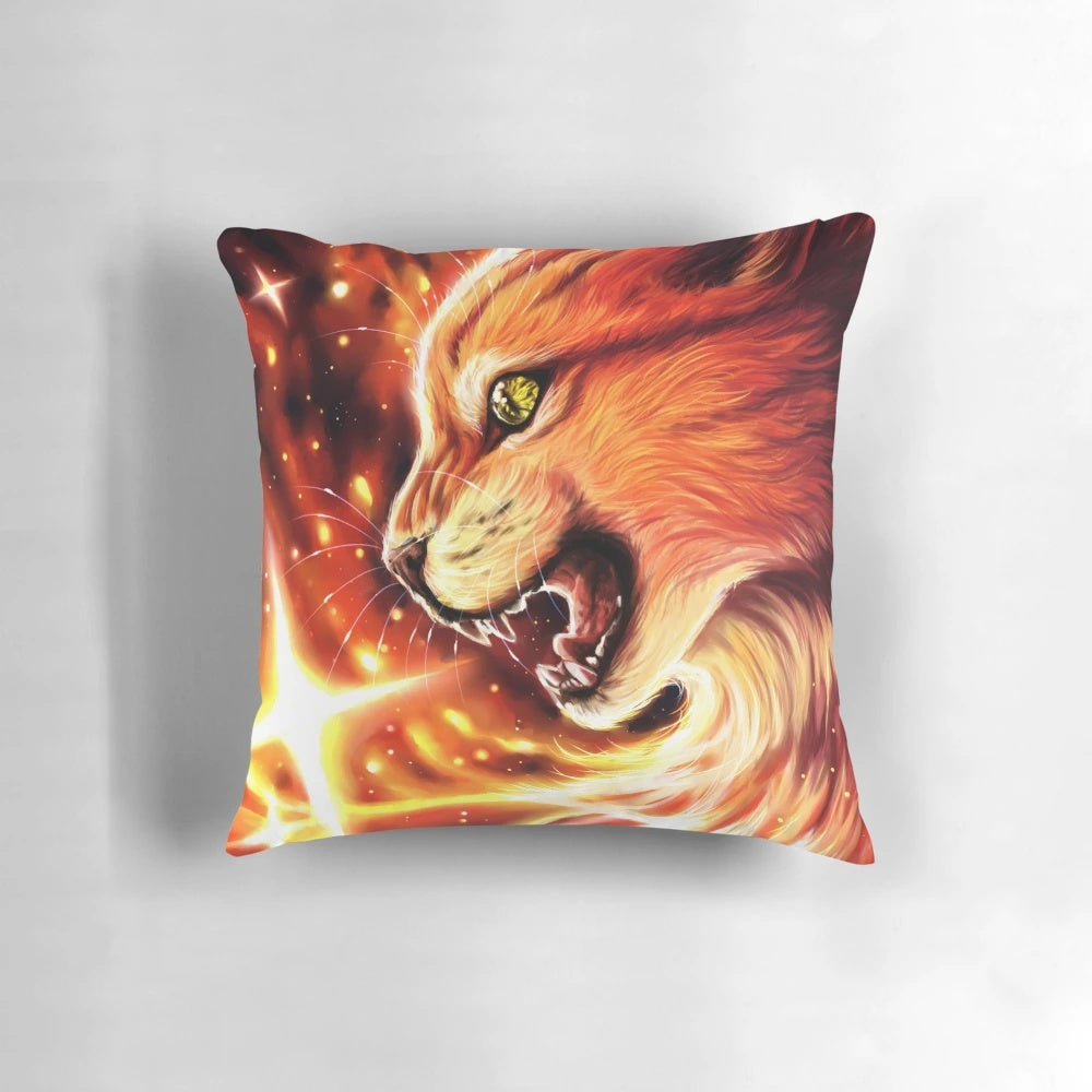Colorful pillow with a vibrant outer space and fire design, featuring a cat.