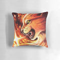 Colorful pillow with a vibrant outer space and fire design, featuring a cat.
