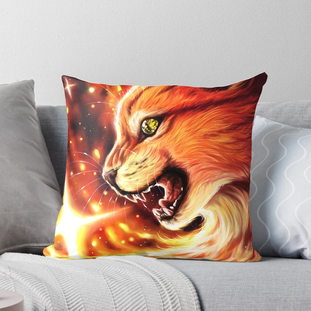 Colorful pillow with a vibrant outer space and fire design, featuring a cat.