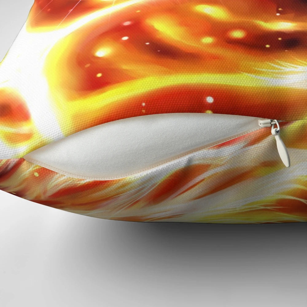 Colorful pillow with a vibrant outer space and fire design, featuring a cat.