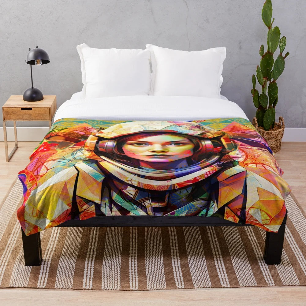 Flower astronaut plush blanket with a cosmic, surreal design