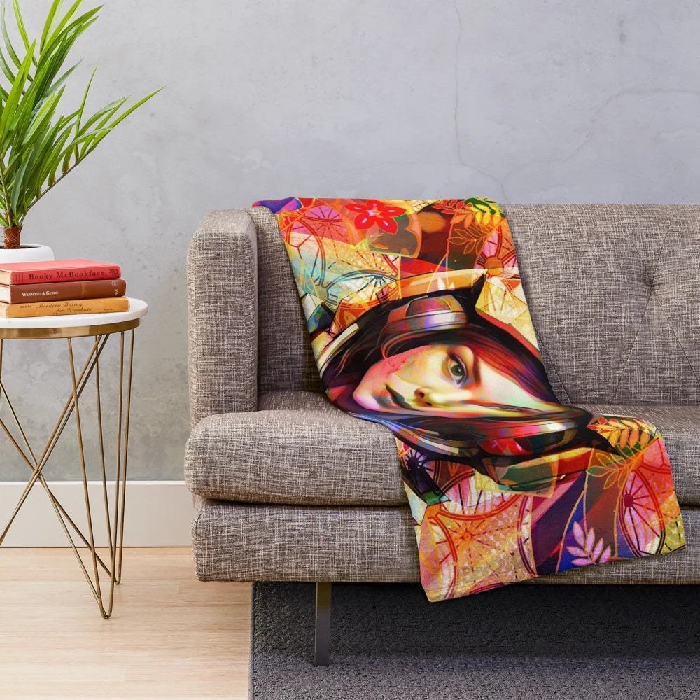 Flower astronaut plush blanket with a cosmic, surreal design