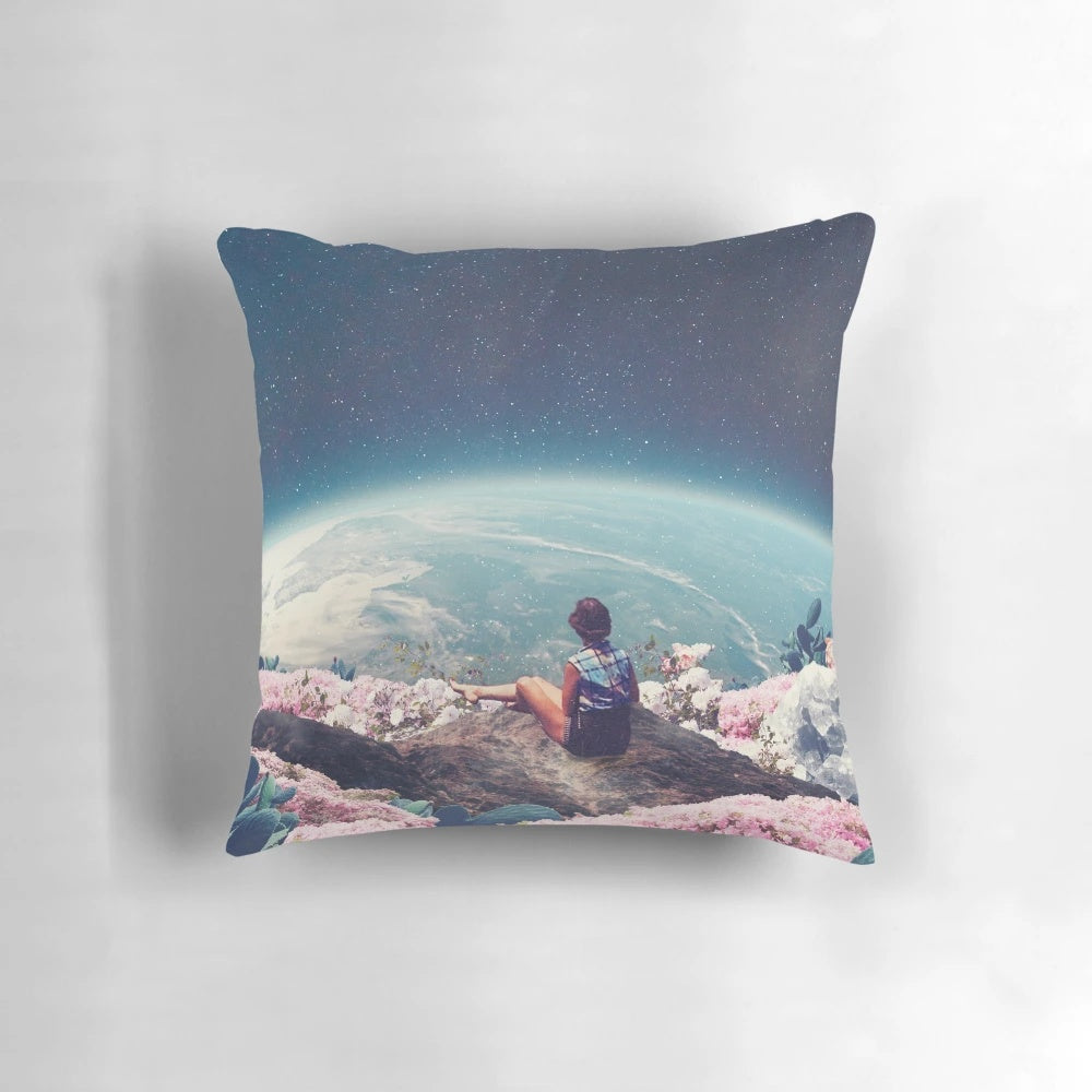 A vintage-inspired digital collage pillow featuring a woman surrounded by cosmic floral elements and stars.