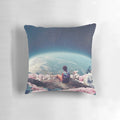 A vintage-inspired digital collage pillow featuring a woman surrounded by cosmic floral elements and stars.