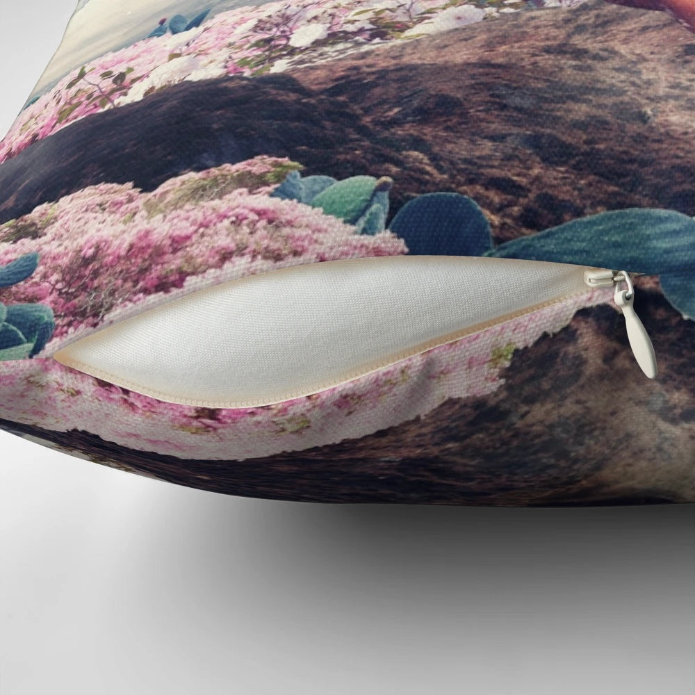 A vintage-inspired digital collage pillow featuring a woman surrounded by cosmic floral elements and stars.