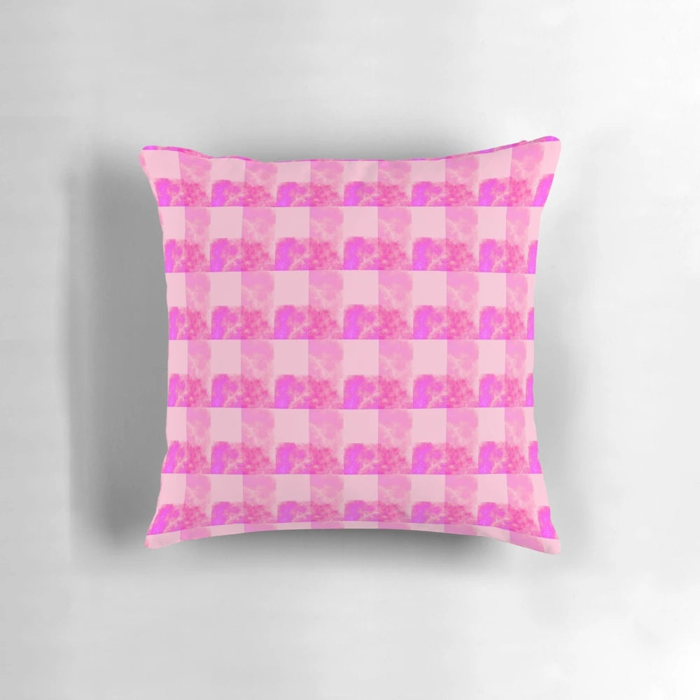 Pink galaxy gingham pillow with cosmic stars and nebula pattern