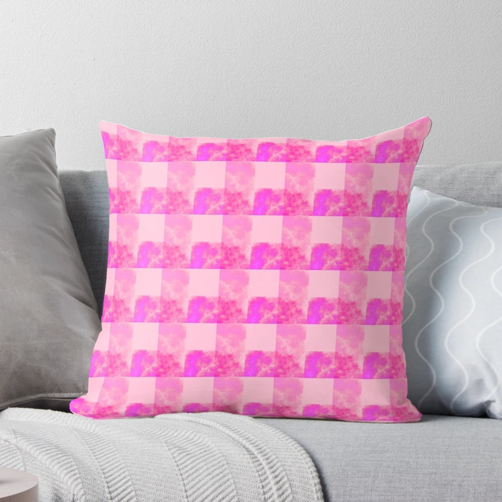 Pink galaxy gingham pillow with cosmic stars and nebula pattern