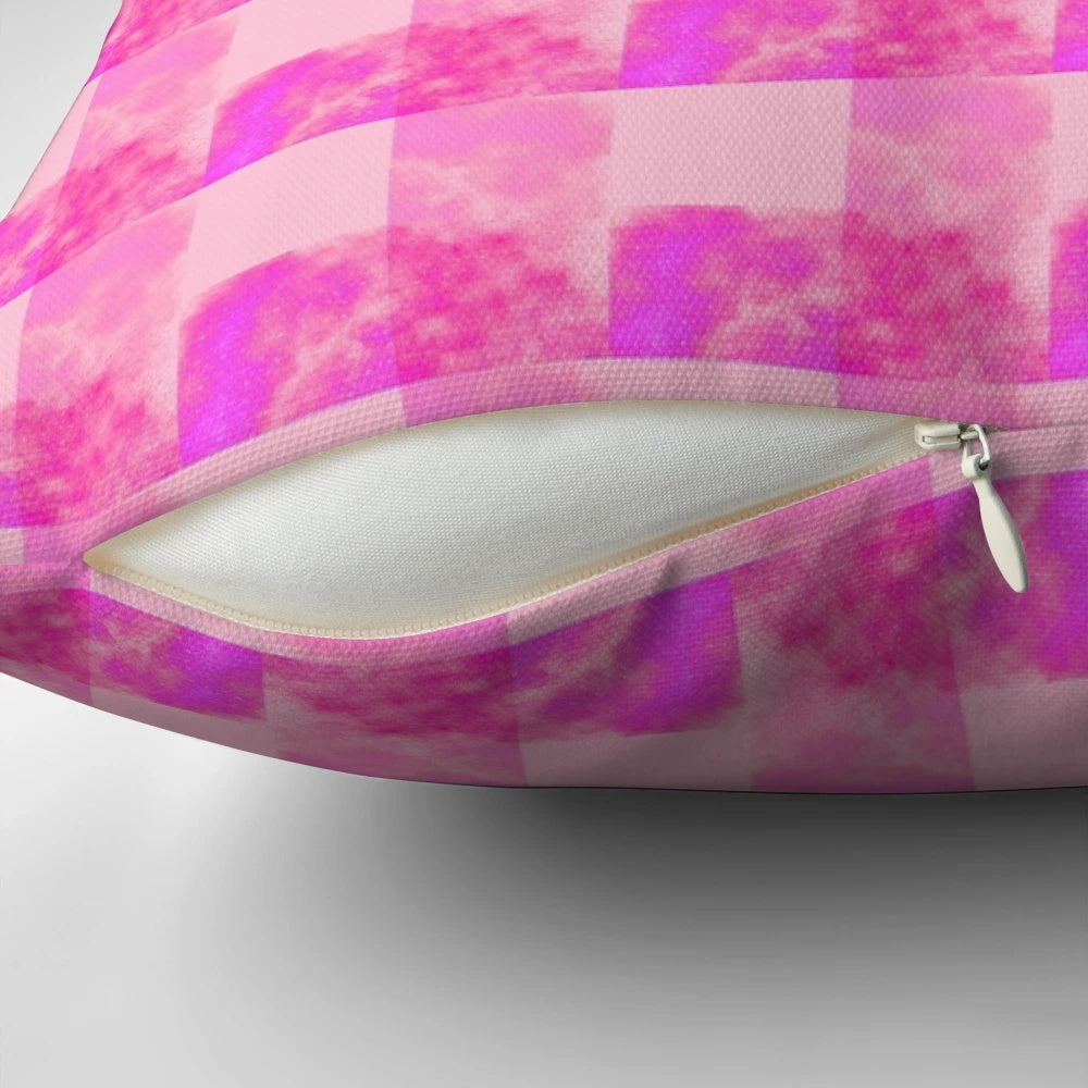 Pink galaxy gingham pillow with cosmic stars and nebula pattern