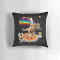 A colorful pillow featuring a galaxy-themed cat on a dinosaur on a pizza, with a rainbow and cosmic elements.