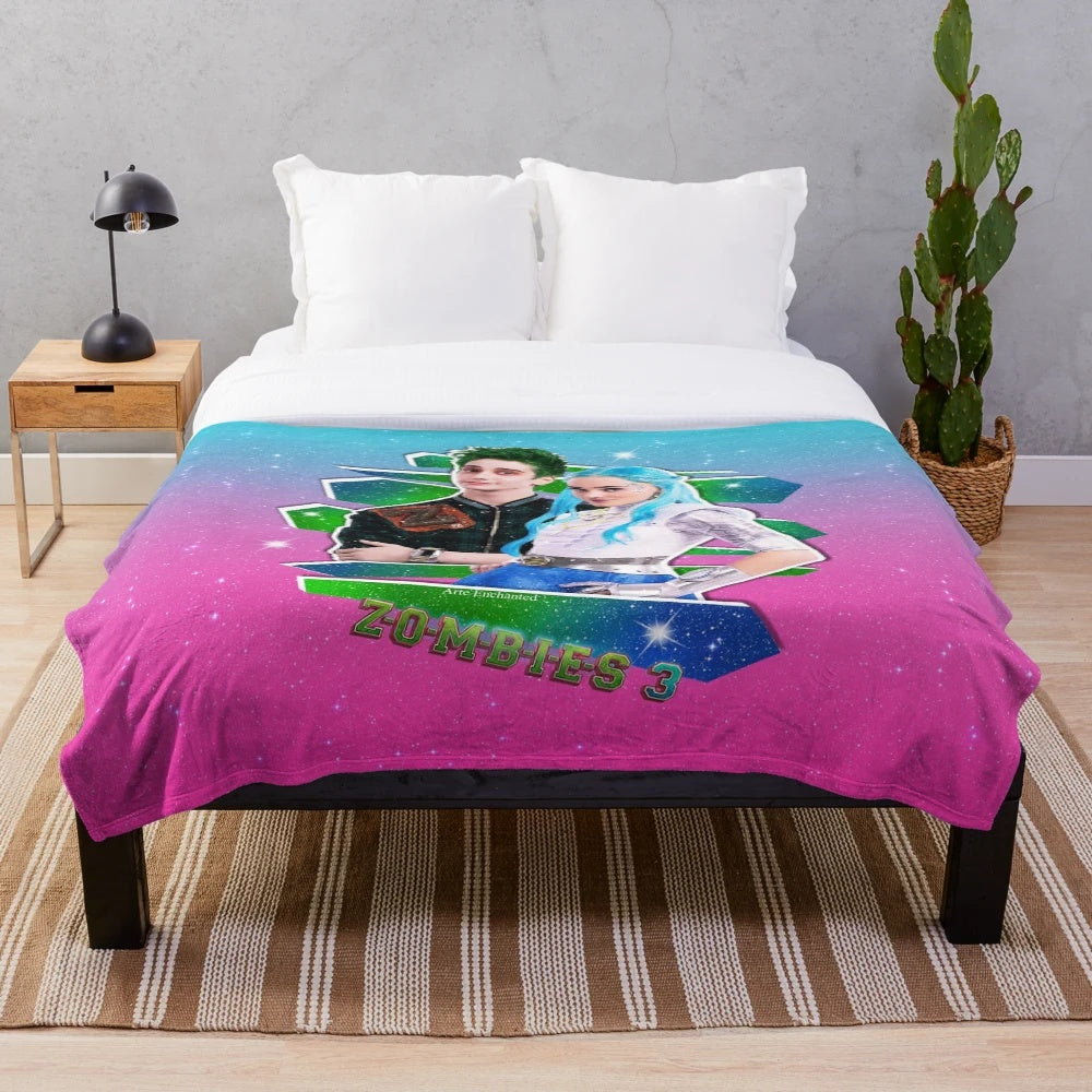 Cozy pink and blue galaxy-themed plush blanket featuring characters from Zombies 3