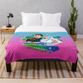 Cozy pink and blue galaxy-themed plush blanket featuring characters from Zombies 3