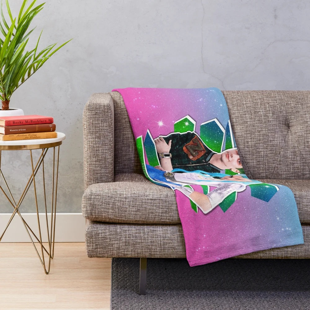 Cozy pink and blue galaxy-themed plush blanket featuring characters from Zombies 3