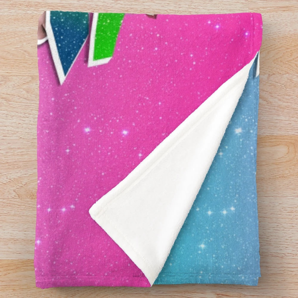 Cozy pink and blue galaxy-themed plush blanket featuring characters from Zombies 3