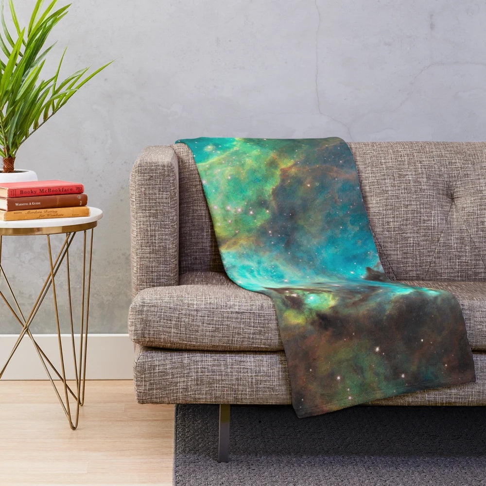 Green galaxy plush blanket with cosmic print