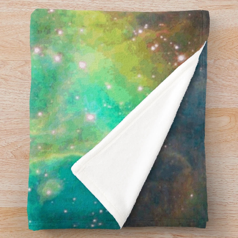 Green galaxy plush blanket with cosmic print
