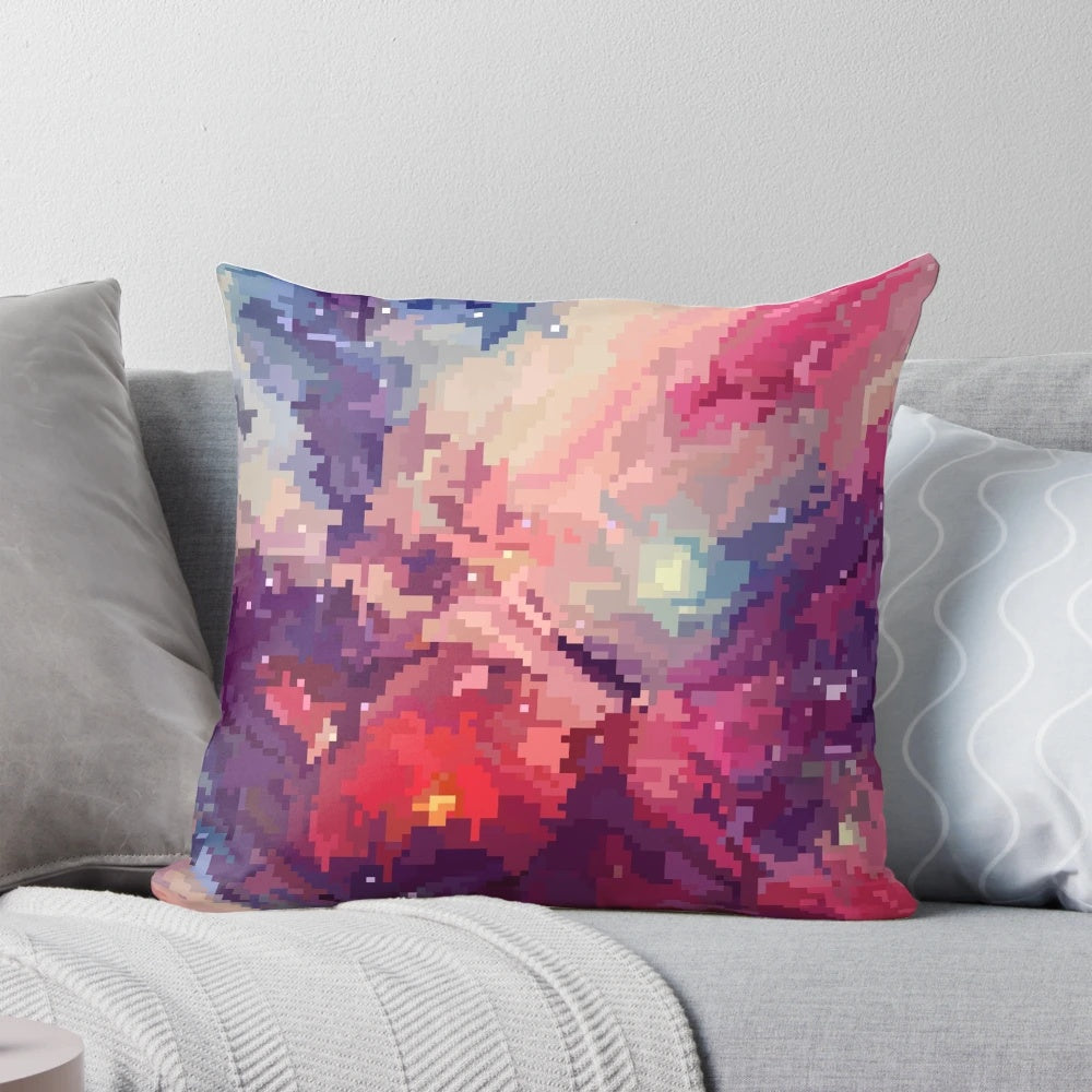 Vibrant galaxy-themed decorative pillow with a space and pixel art design