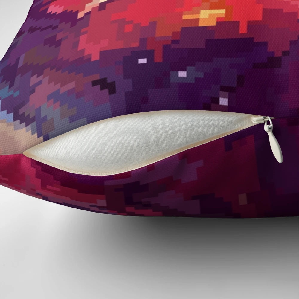 Vibrant galaxy-themed decorative pillow with a space and pixel art design