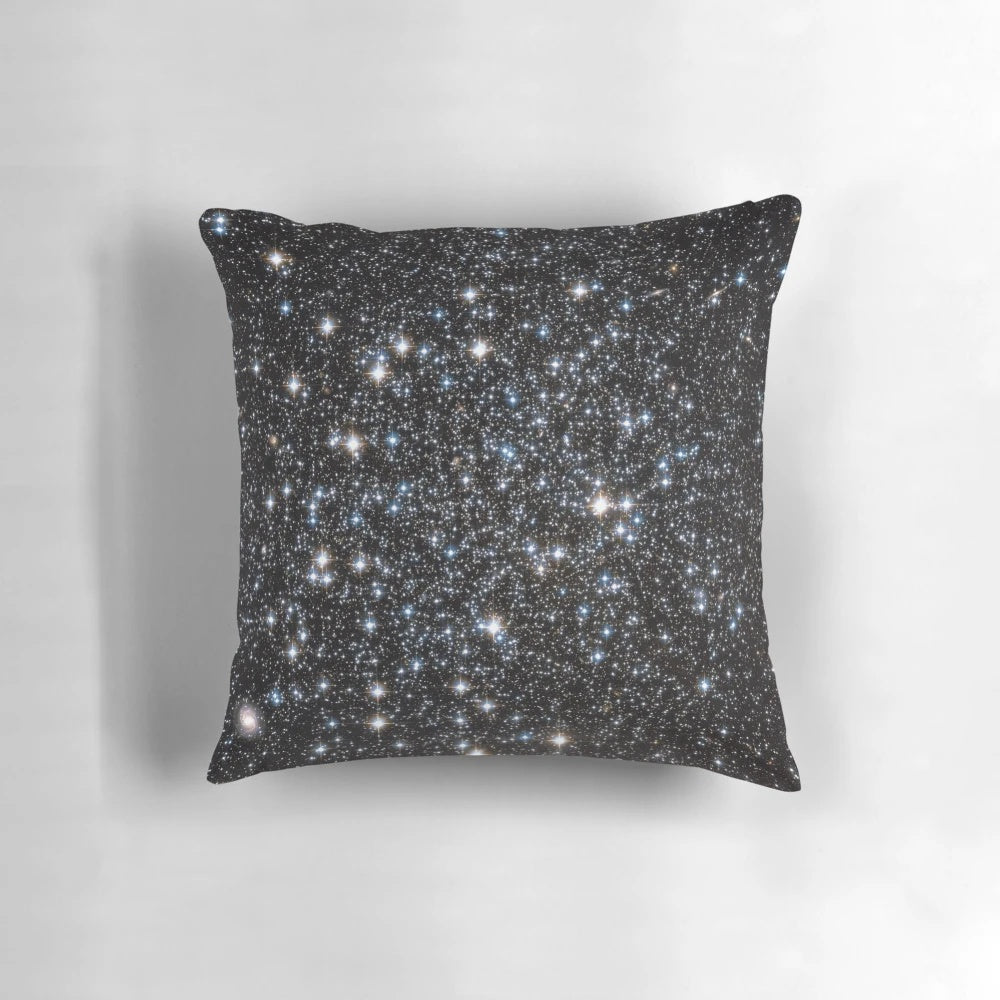 Glittering galaxy-themed throw pillow with nebula and stars, perfect for sci-fi and astronomy home decor